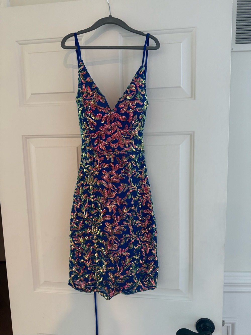 Blue Sequin V-Neck Mini Dress with Multicolor Embellishments